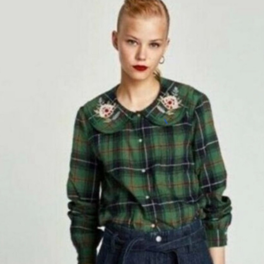 Zara Green Tartan Plaid Embroidered Peter Pan Collar Top